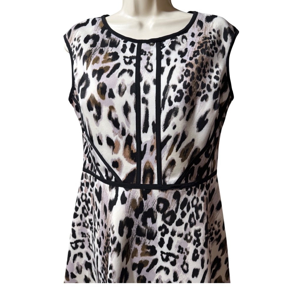 Sandra Darren Womens Leopard Print Fit &‎ Flare Dress Petite 10P Black Tan White - Picture 6 of 9